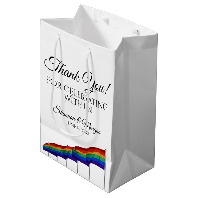 Gay Pride Wedding Thank You Gift Bag - Black Text (Front Angled)