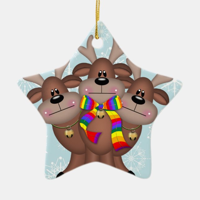 Gay Pride Whimsical Christmas Reindeer Ceramic Ornament (Front)