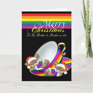 Gay Pride Whimsical Christmas Teacup Mice Holiday Card