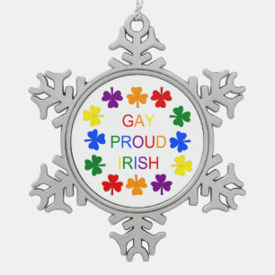 Gay Proud Irish LGBT Rainbow Shamrocks Snowflake Pewter Christmas Ornament