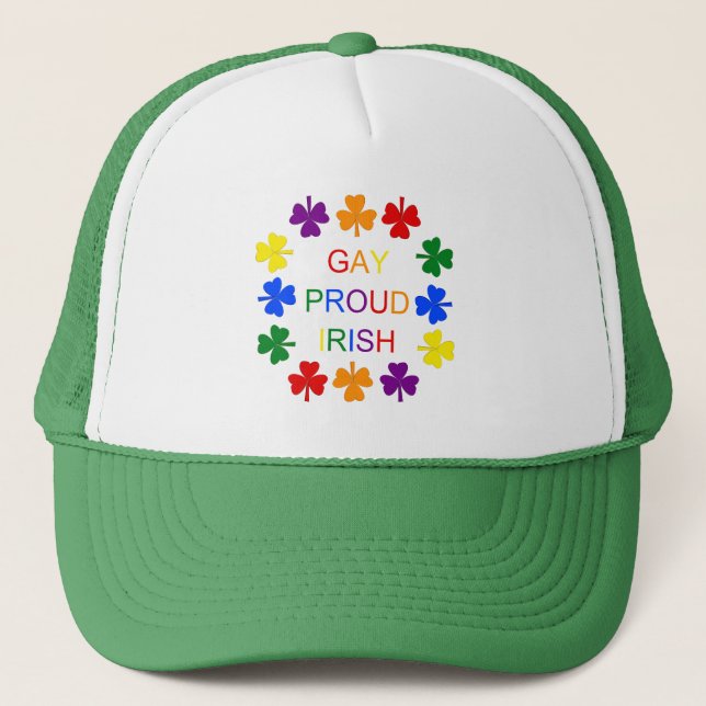 Gay Proud Irish LGBT Rainbow Shamrocks Trucker Hat (Front)