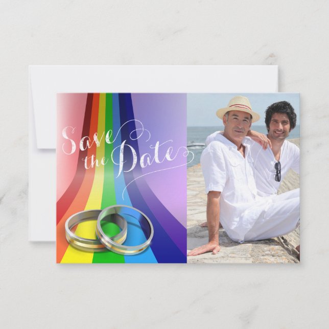 Gay Rainbow and Rings Wedding Save the Date (Front)