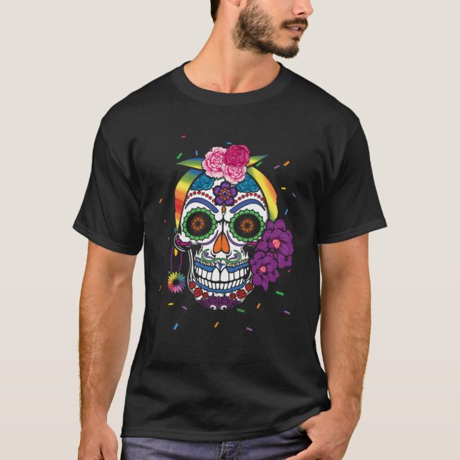 Gay Rainbow El Dia De Los Muertos LGBTQ LGBT Pride T-Shirt (Front)