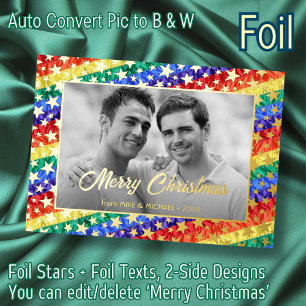 Gay Rainbow Flag Gold Star Elegant Black and White Foil Holiday Card