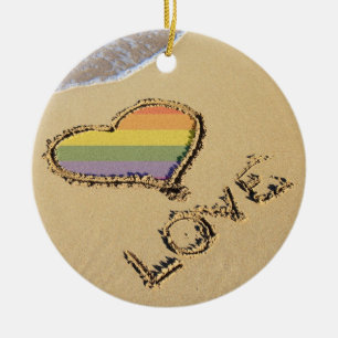 Gay Rainbow Love Heart In The Sand Ceramic Ornament