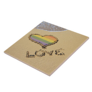 Gay Rainbow Love Heart In The Sand Ceramic Tile