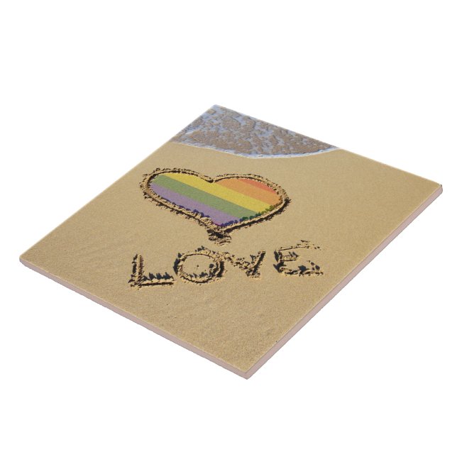 Gay Rainbow Love Heart In The Sand Ceramic Tile (Side)