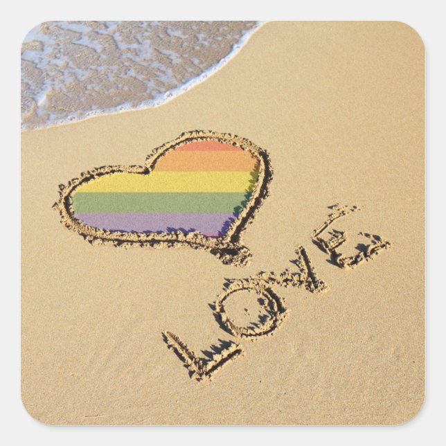 Gay Rainbow Love Heart In The Sand Square Sticker (Front)