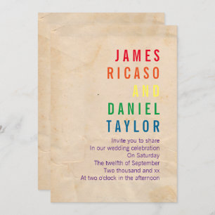 Gay Rainbow Text Antique Paper Wedding Invitation