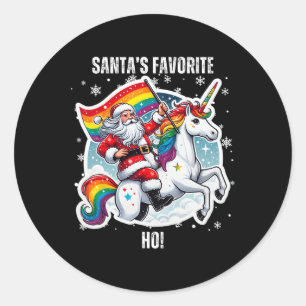 Gay Santa Riding Unicorn Favourite Ho Funny Lgbt C Classic Round Sticker