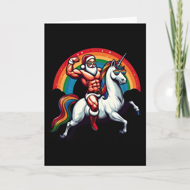 Gay Santa Riding Unicorn Show Muscles Funny Lgbt C Card (Front)