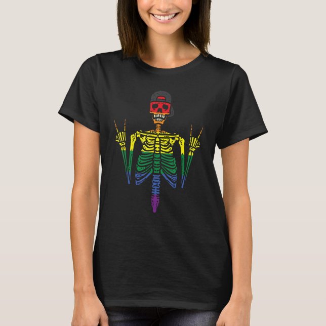 Gay Skeleton Rock Rainbow Pride Flag Lgbt Rocker B T-Shirt (Front)