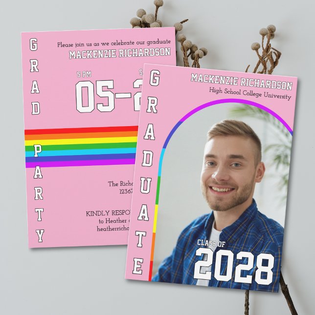 Gay Student Pride Rainbow Pink Graduation Party Invitation (Creator Uploaded)