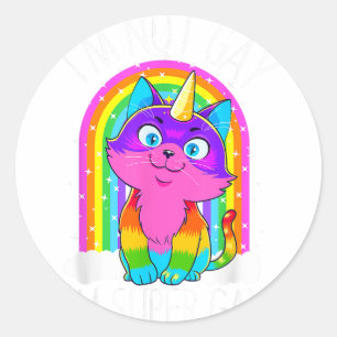 Gay Unicorn Cat LGBT Pride Flag I'm Not Gay I'm Su Classic Round Sticker