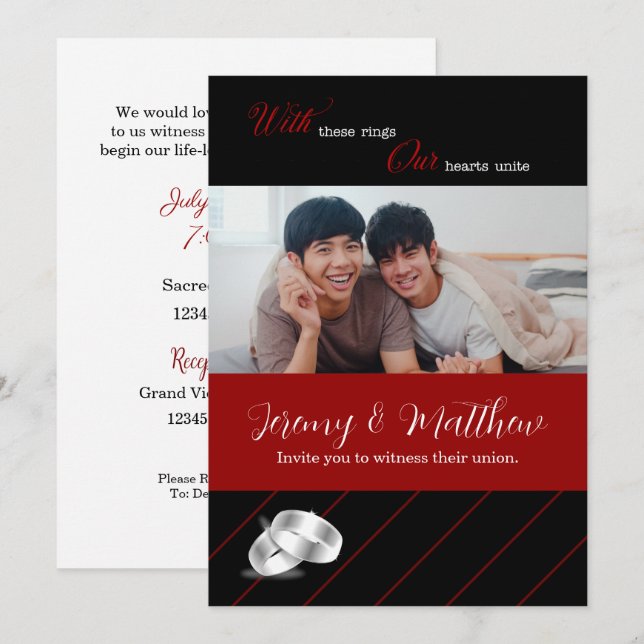 Gay Wedding Black and Burgundy Photo Wedding Invitation (Front/Back)