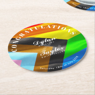 Gay Wedding Congratulations Pride Flag Typography Round Paper Coaster
