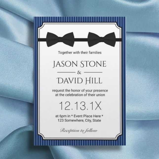 Gay Wedding Double Bow Ties Classy Navy Blue Invitation (Creator Uploaded)