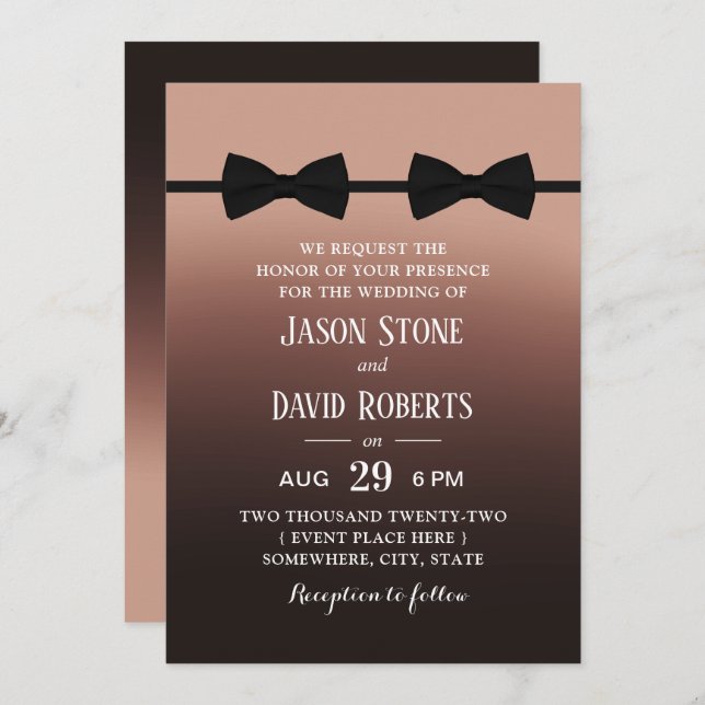 Gay Wedding Double Bow Ties Elegant Brown Ombre Invitation (Front/Back)