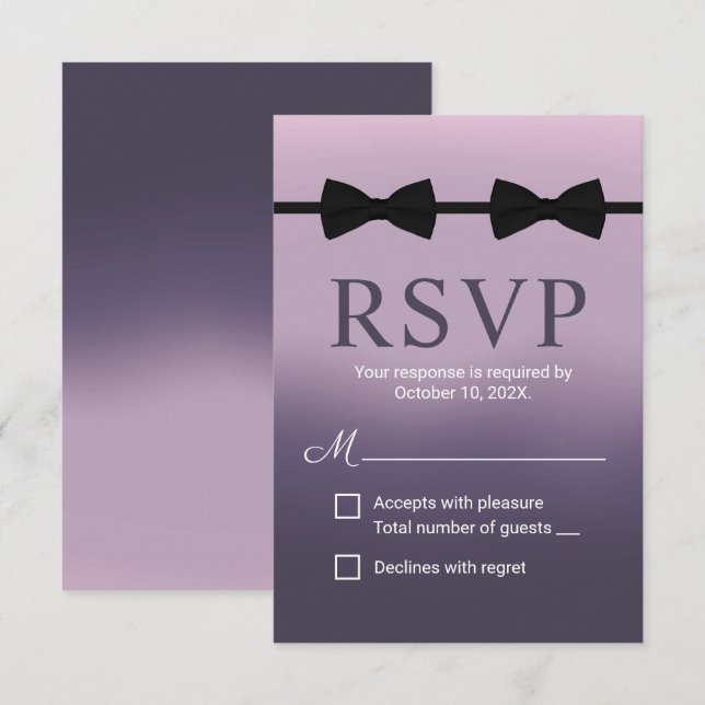 Gay Wedding Double Bow Ties Purple RSVP Card (Front/Back)