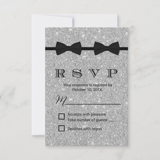 Gay Wedding Double Bow Ties Silver Glitter RSVP Card (Front)