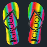 Gay Wedding Groom Moustache Rainbow Stripes Custom Thongs<br><div class="desc">Customise it to change groom to any text,  ie: best man,  groomsman,  that suits you or delete the text if not needed. Fully customisable.</div>