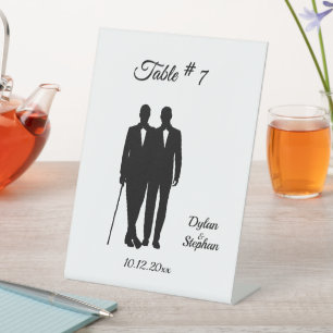 Gay Wedding Grooms w Names and Date Table Number Pedestal Sign