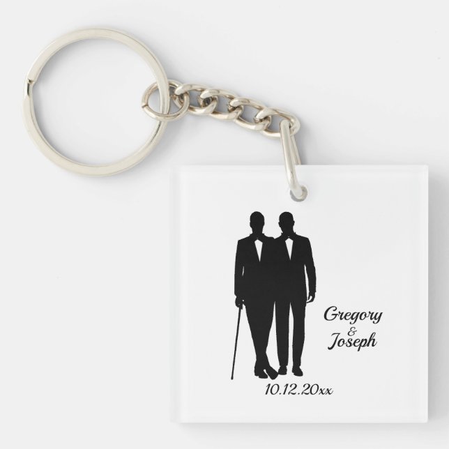Gay Wedding Grooms with Names and Date Key Ring (Front)