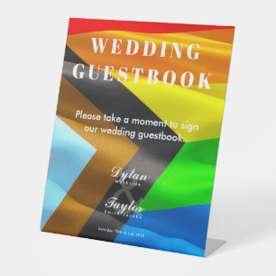 Gay Wedding Guestbook Pride Flag Typography Pedestal Sign