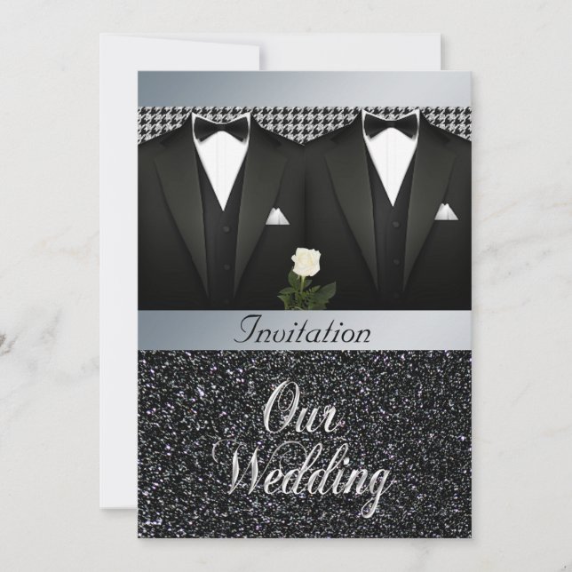 Gay Wedding Invitation with Tuxedo and White Rose (Front)