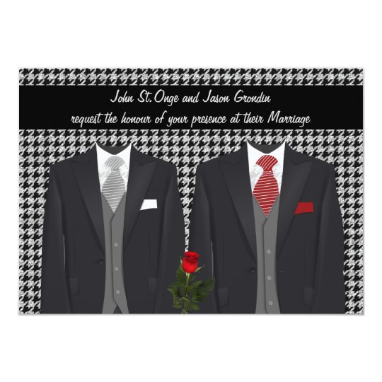 Gay Wedding Invitation with Two Tuxedos and Rose