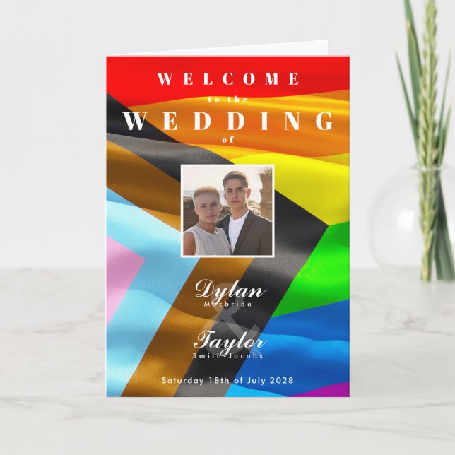 Gay Wedding Photo Pride Flag Typography Folded  Program (Front)