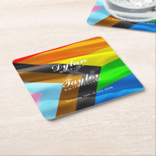 Gay Wedding Pride Flag Typography Square Paper Coaster