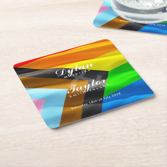 Gay Wedding Pride Flag Typography Square Paper Coaster (Angled)