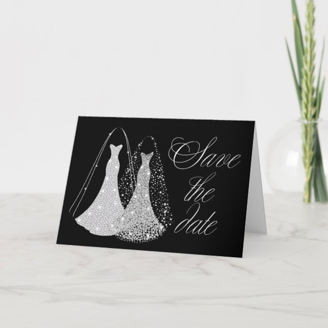 Gay Wedding Save the Date in Black and faux silver Announcement (Front)