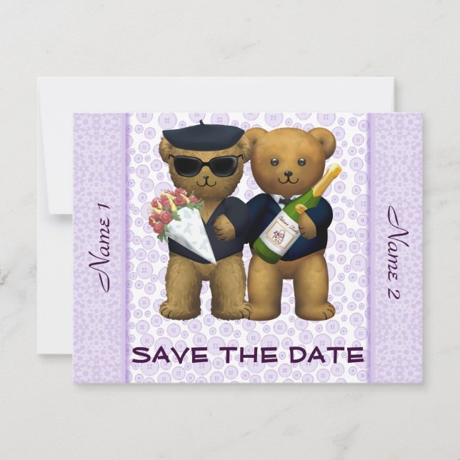 Gay Wedding - Save the Date - Teddy Bears lilac (Front)