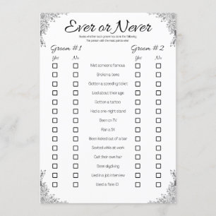 Gay Wedding Shower Game, Ever or Never Invitation