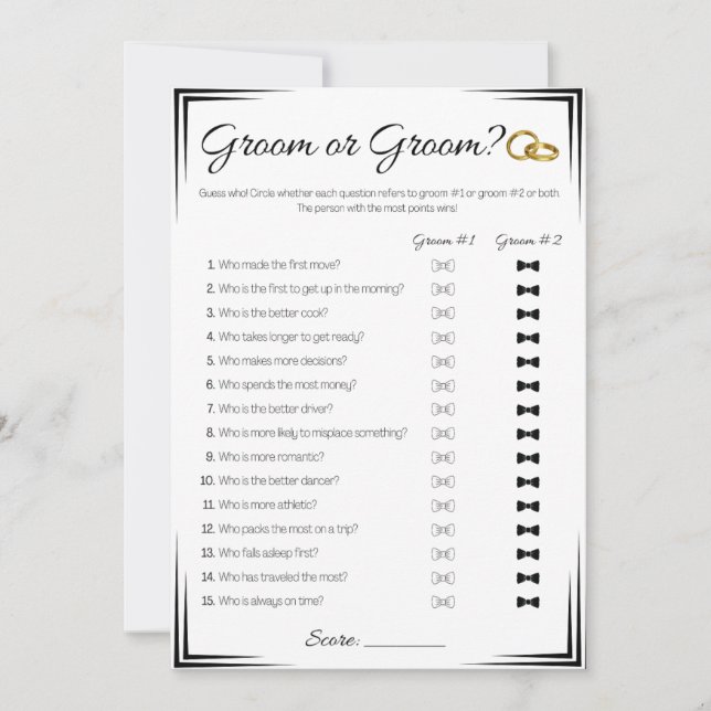 Gay Wedding Shower Game, Groom or Groom Invitation (Front)