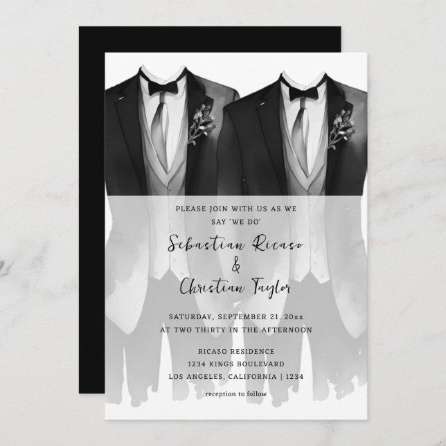 Gay Wedding Two Grooms in Suits and Ties Invitation (Front/Back)