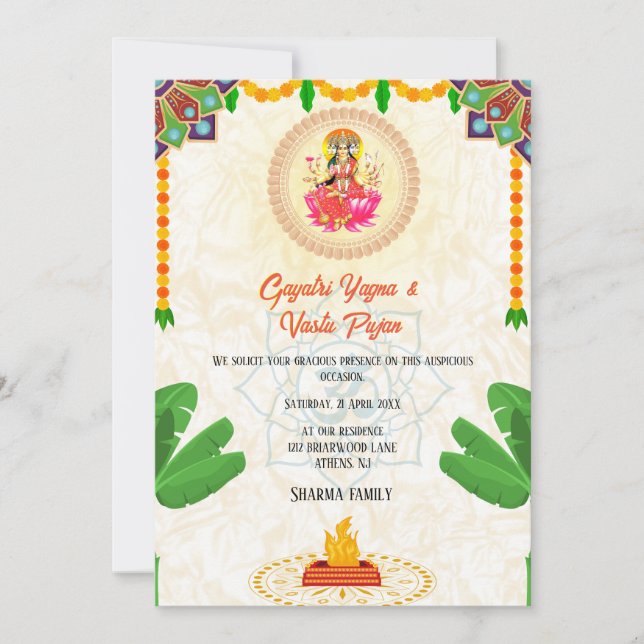 Gayatri Yagna Vastu Pujan Hindu Indian Floral Invitation (Front)
