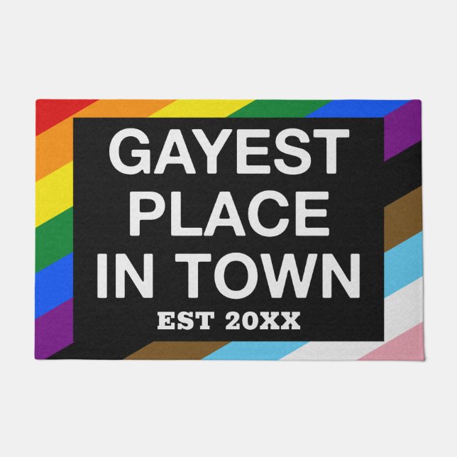 Gayest Place In Town Gay Pride LGBT Rainbow Custom Doormat (Front)
