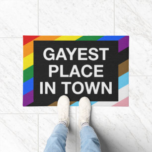 Gayest Place In Town LGBTQ Stripes Progress Pride Doormat