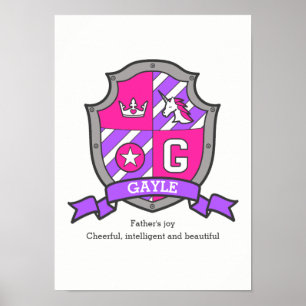 Gayle name meaning unicorn letter G crest poster