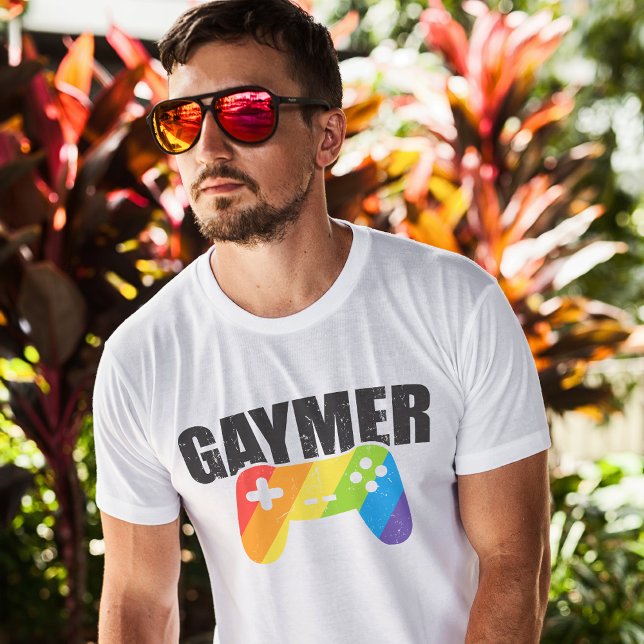 Gaymer Cool LGBT T-Shirt (With some fancy word play the word “gaymer” presented in gay pride colors to help celebrate love.)
