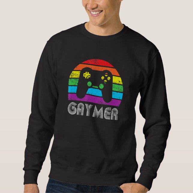 Gaymer Lgbt Gay Gamer Rainbow Flag Pride Retro Vin Sweatshirt (Front)