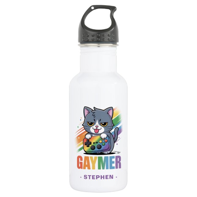 Gaymer - Rainbow Gaming Cat with Console | LGBTQ 2 532 Ml Water Bottle (Front)