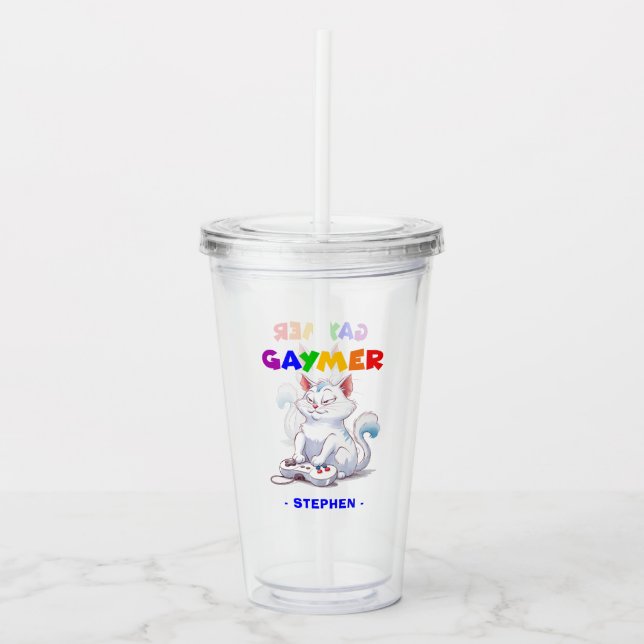 Gaymer - Rainbow Gaming Cat with Console | LGBTQ Acrylic Tumbler (Front)