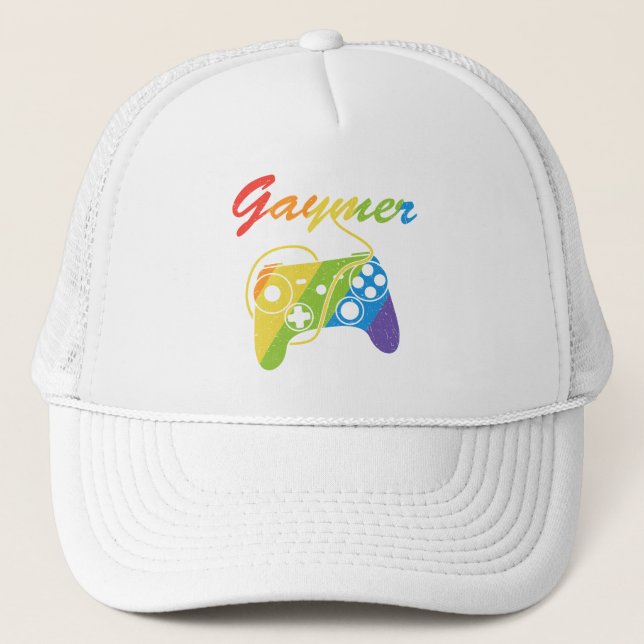 Gaymer | Rainbow Video Game Controller | Gaming Trucker Hat (Front)