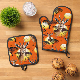 Gazelle African Antelope Wild  Animal Oven Mitt & Pot Holder Set