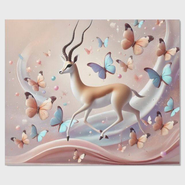 Gazelle and Butterflies Fantasy Art Wrapping Paper (Flat)