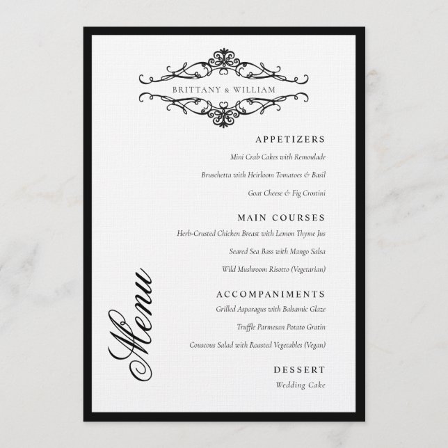 [GAZELLE] Elegant Black & White Monochrome Wedding Menu (Front)